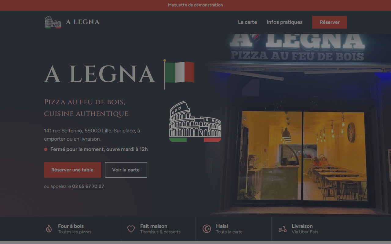 Page d'accueil du site de la pizzeria A Legna